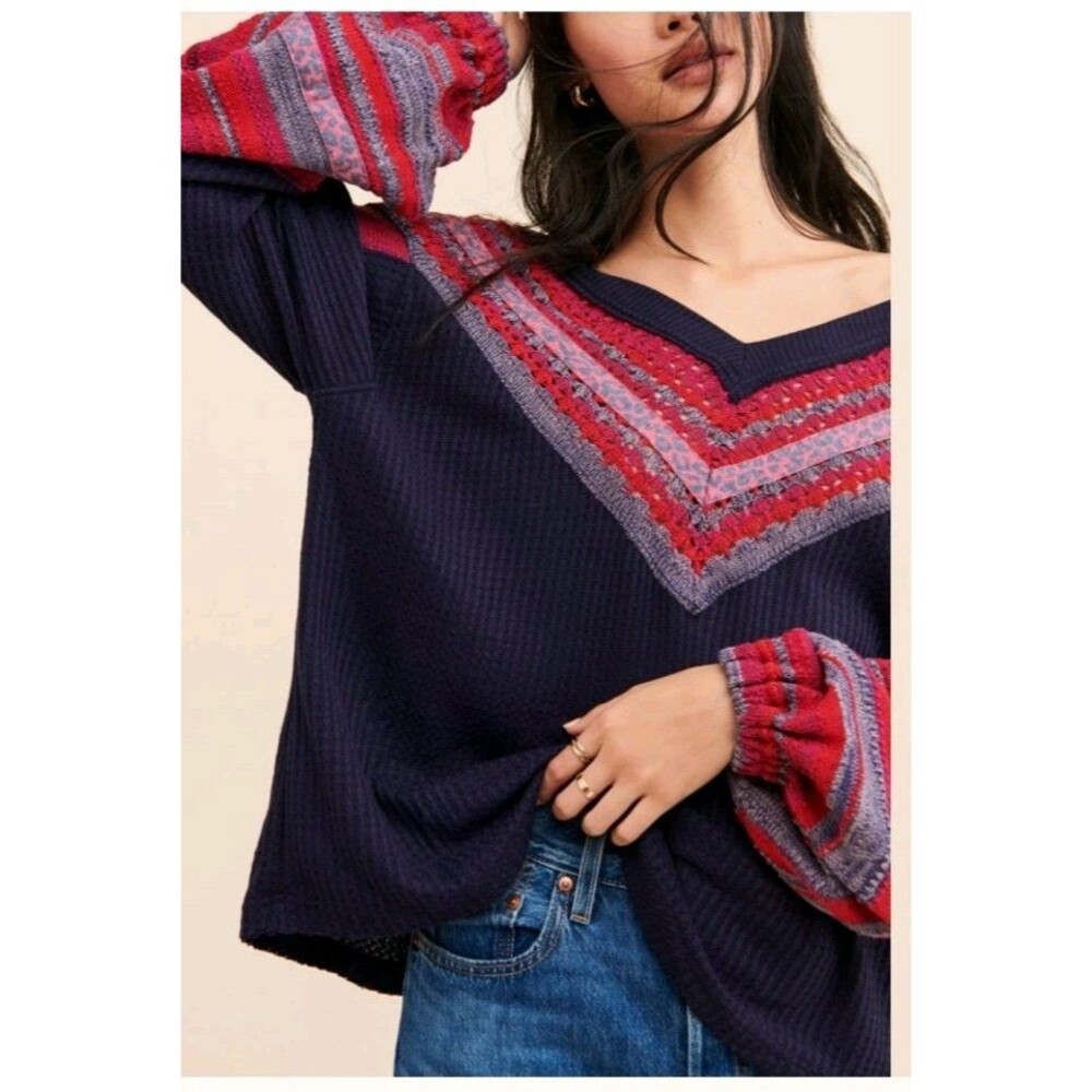 Free People Copenhagen Thermal Top V-Neck Blue M Boho Peasant Oversized